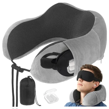 Набор для путешествий Xtrobb 26087 3D Memory Foam, подушка для шеи + маска для сна + беруши, 4-в-1, черный/серый, дорожный комплект с эффектом памяти