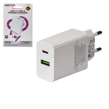 Сетевое зарядное устройство Borofone BAS76A USB-C 30W + USB-A 18W QC White