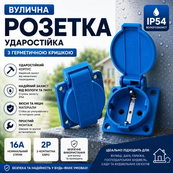 Розетка уличная ударопрочная 16A IP54, евро 2-контактная, с герметичной крышкой, влагозащищенная