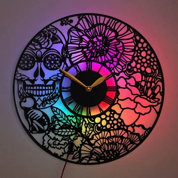 Годинник Sugar Skull з LED-підсвіткою, настінний годинник Dia de los Muertos, годинник з черепом, настінний годинник з квітковим черепом, мексиканський настінний годинник