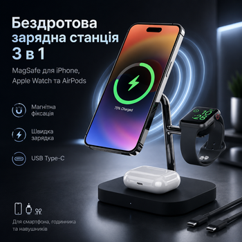 Беспроводная зарядная станция 3 в 1 MagSafe для iPhone, Apple Watch и AirPods, магнитная зарядка с USB Type-C