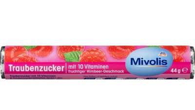 Драже декстроза Mivolis Traubenzucker Himbeer mit 10 Vitaminen зі смаком малини 44 г