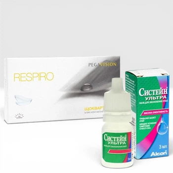 Комплект контактні лінзи для зору гідрогелеві квартальні Pegavision Respiro + Зволожувальні краплі для очей Systane Ultra 3 мл -10.0