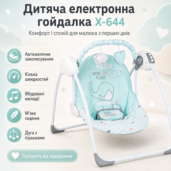 Кресло-качалка, колыбельный шезлонг Х-644 / Электрокачели детские 3 режима, 2 игрушки + колыбельные Голубой