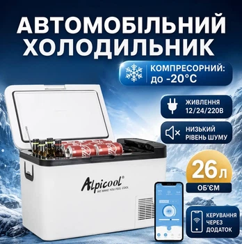 Компрессорный автохолодильник Alpicool K25 26 л с морозильной камерой до -20°C Портативный холодильник в авто с питанием 12/24/220 В