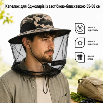 Шляпа для пчеловодов Sams Fish с застежкой-молнией 55-58 см (SF24292) Камуфляж с надписями