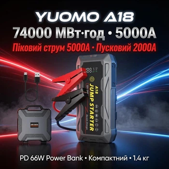 Пускозарядное устройство Бустер для авто YUOMO A18 74000mWh 5000A PD 66W — портативний JUMP STARTER + Power Bank з кейсом