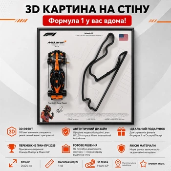 3D Картина На Стіну 25x25 см з Моделлю Bburago McLaren MCL39 Formula One Team в Масштабі 1:43 Переможне Гран-Прі 2025р. для № 81 Oscar Piastri та 3D траса Miami GP "Miami International Autodrome" / Сезон 2025 / Формула 1 / Оскар Піастрі