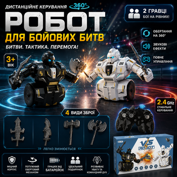 Боевые роботы на радиоуправлении для битв (набор из 2 роботов) 360° вращение со звуковыми эффектами и сменным оружием игрушка для мальчиков