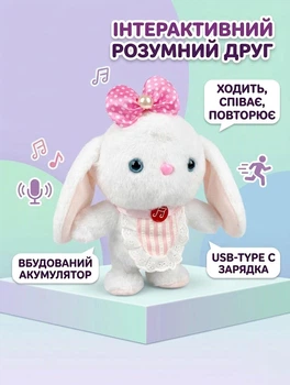 Музична інтерактивна іграшка Зайчик плюшевий, ходить, з функцією запису голосу