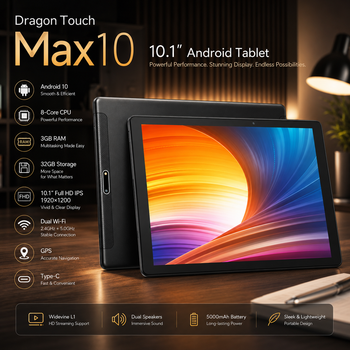 Dragon Touch Max10 10.1" Планшет Android 10, 3 ГБ Оперативной Памяти, 32 ГБ Памяти, Full HD IPS 1920×1200, Wi-Fi 2.4/5 ГГц, GPS, T