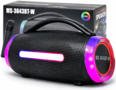 Портативна акустична система MS-3643BT-W 20 Вт з бездротовим мікрофоном Bluetooth колонка з RGB підсвічуванням FM радіо USB SD AUX караоке акустика з акумулятором для вечірок відпочинку дому свят презентацій та подорожей