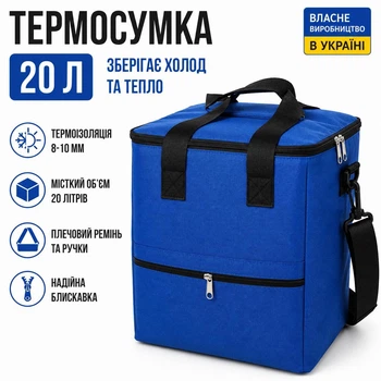 Термосумка-холодильник 20 л синяя 32×32×20 см изотермическая сумка для продуктов до 14 часов, плечевой ремень, крепкая ткань