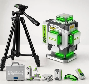 Лазерний рівень Huepar ZK04CG 4D 360° (16 ліній) + штатив 1.4 м, Bluetooth, LCD-дисплей, акумулятор 8000 мАг