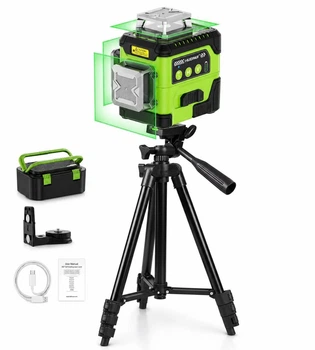 Лазерний рівень Huepar Y03CG 3D 360° (12 ліній) + штатив 1.4 м, LCD-дисплей, зелений промінь