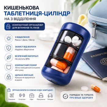 Карманная таблетница-цилиндр на 3 отделения (Утро/День/Вечер), Синяя, Компактный органайзер для витаминов