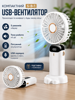 Портативный аккумуляторный минивентилятор с дисплеем N15W (USB, 5 скоростей), Белый