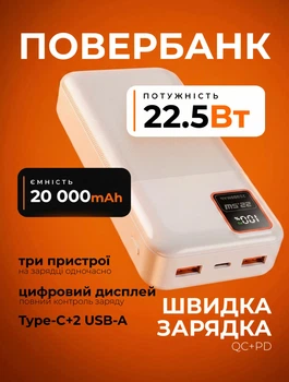 Повербанк 20000 mAh 22.5W с быстрой зарядкой PD/QC Remzona Extrinity 20X для телефона apple айфона samsung универсальный повер банк 20 000 мощный портативный пауербанк для iphone самсунг роутера планшета телефону смартфона павербанк белый з Type-C +кабель