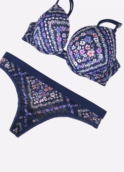 Комплект нижнего белья женский в цветочки бюстгальтер и трусики Victoria's Secret PINK Синий А-290 А-291 р. 80B/36B - L