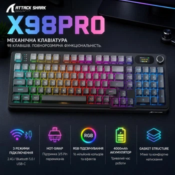 Геймерская полноразмерная механическая клавиатура ATTACK SHARK X98 Pro 98% с экраном Gasket Hot-Swap Linear Blueberry Switch RGB Bluetooth 2.4G USB Type-C аккумулятор 4000 мАч