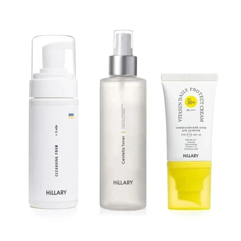 Набор Hillary для ухода и защиты кожи лица: Пенка Hillary Cleansing Foam + 5 oils, 150 мл + Тоник Hillary Centella Toner, 200 мл + Солнцезащитный крем SPF 30+ Hillary VitaSun Daily Protect Cream, 40 мл
