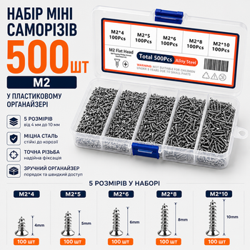 Набір міні саморізів M2 — 500 шт у пластиковому органайзері