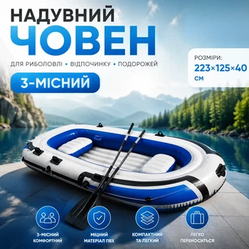 Надувная трехместная лодка JR-2300 225х133х41 см ПВХ лодка для рыбалки отдыха на воде озера реки с полным комплектом