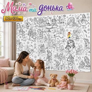 Большая мега раскраска Мама и дочь - семейная раскраска, подарок для девочек 90*130см