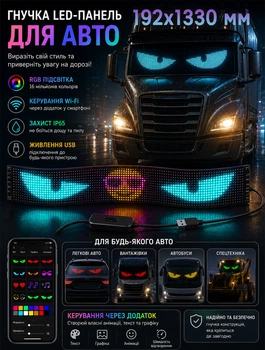Гибкий LED экран для авто с WiFi и управлением через приложение RGB 192x1330 мм 32x224 светодиодов