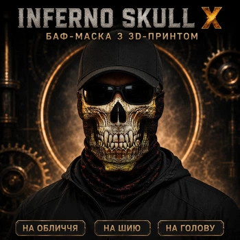 Бафф-маска DARK FACE 3D с принтом, бандана-шарф, подшлемник, 50×25 см, черный/золотой/красный — Огненный череп
