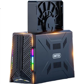 Корпус для жорсткого диска UNITEK M.2, сумісний з двома накопичувачами NVMe/SATA, внутрішній кронштейн для SSD із вбудованим вентилятором охолодження, багатокольорове RGB-підсвічування, зовнішній корпус для SSD