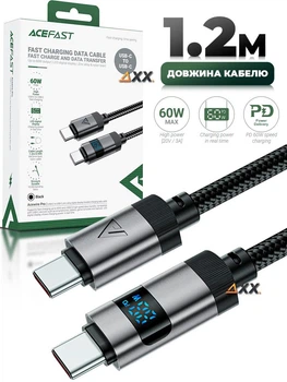Дата кабель USB-C to USB-C кабель для заряджання телефона, для передавання даних з LED дисплеєм у тканинному нейлоновому обплетенні 1.2м 60W 3A AceFast