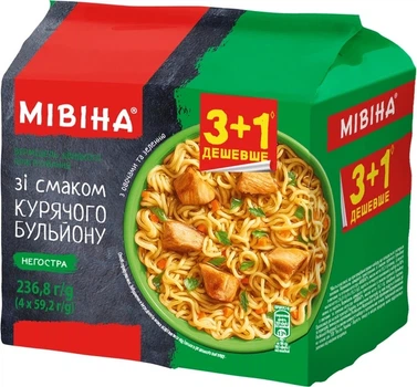 Мультипак вермішелі швидкого приготування Мівіна Негостра зі смаком курячого бульйону з овочами та зеленню 59.2 г х 3+1 шт (8445292249485)