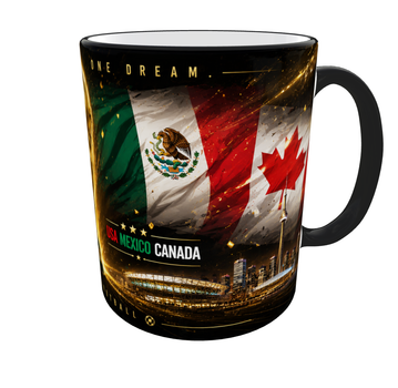 Кружка (чашка) с принтом «FIFA World Cup 2026 USA Mexico Canada» – подарок для футбольного болельщика | 330 мл(черная ручка)