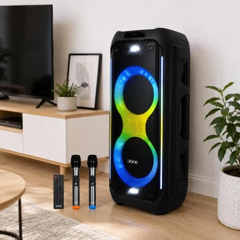 Колонка караоке ZXX 2x10" Bluetooth FM RGB LED 100 Вт с 2 микрофонами, пультом, AUX USB TF TWS Черная (О855-XXZ)