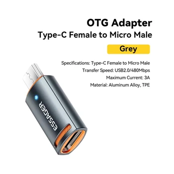 Адаптер Essager Type-C Female to MicroUSB Male, 3A 480 Mbps OTG Grey