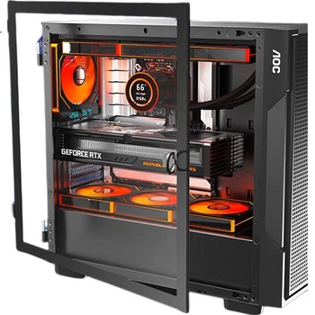 Корпус AOC CG420B чорного кольору для ігрового та офісного настільного комп'ютера з боковим видом, підтримує материнські плати ATX, сумісний з водяним охолодженням 360 мм, 10 позицій для вентиляторів, 7 слотів PCI, сумісний з відеокартами серій 50-80.