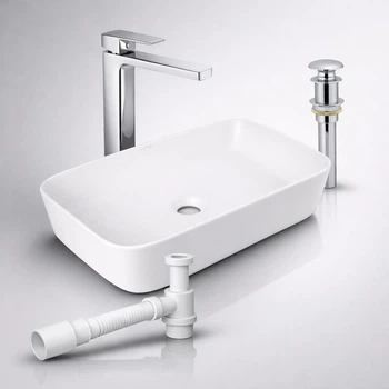 Комплект Qtap Virgo N 560×380 White: накладная раковина + смеситель Gemini Chrome + донный клапан PU02 + сифон