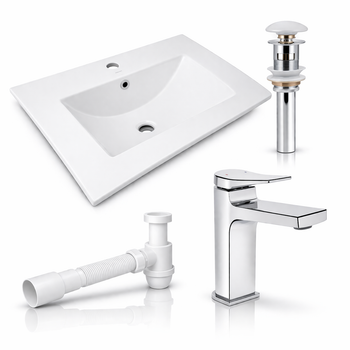 Комплект Qtap Albatross 620×460 White: врезная раковина + смеситель Nando Chrome + донный клапан Pop-up PU02O + сифон