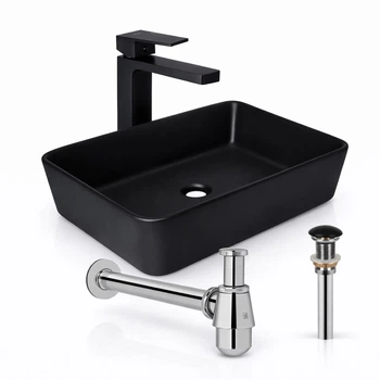 Комплект Qtap Tern 480×370 Matt Black: накладная раковина + смеситель Gemini Black + донный клапан PU03 + сифон