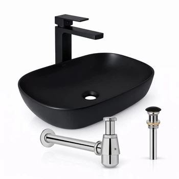 Комплект Qtap Robin 600×390 Matt Black: накладная раковина + смеситель Gemini Black + донный клапан PU03 + сифон