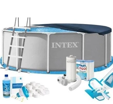 Бассейн каркасный Intex Max 26718FR-10в1 серый круглый из ПВХ и стали на 10685 л с подстилкой стремянкой фильтром 3785 л/ч картриджами альгениксом хлором в таблетках тентом сачком и пылесосом 366 х 122 см (9-163-26718FR-10 Max)