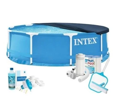 Басейн каркасний Max Intex 28200-9в1 синій круглий з ПВХ та сталі на 4485 л з підстилкою фільтром 2006 л/год картриджами альгеніксом хлором у таблетках тентом сачком та щіткою 305 х 76 см (9-163-28200-9 Max)
