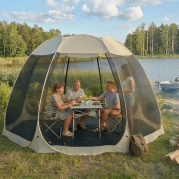 Садовая беседка-павильон 395 см бежевая MEBEL ELITE Cama ME.CAMA/390/BZ/CZ/T/OGR/PAW с москитной сеткой, шатро для дачи UV-защита