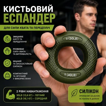 Эспандер кистевой силиконовый 30LB/40LB, кольцо для тренировки кисти и пальцев, тренажёр для укрепления хвата, предплечий и реабилитации рук, зеленый (137979133)