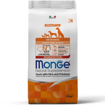 Корм для щенков Monge Dog All breeds Puppy & Junior утка с рисом 2.5 кг
