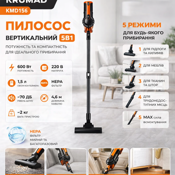 Вертикальний акумуляторний пилосос Krumad 600 Вт, пилосос 5в1