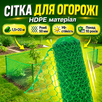 Сетка пластиковая AgroStar 1,5х20м для ограждения грядок оградительная ячейка 50х50мм экструдированная зеленая