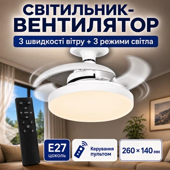 Люстра з вентилятором стельова світлодіодна в патрон лампа-вентилятор з регулюванням яскравості і температури світла розумний світильник з дистанційним управлінням з пультом ДК