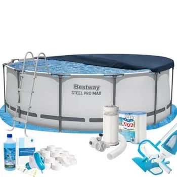 Великий каркасний басейн 10 250 л., круглий Max Bestway 56420-10в1, 366 х 122 см (в комплекті підстилка, драбина, фільтр 3 785 л/год, картриджі, альгенікс, хлор таблетки, тент, сачок, пилосос)